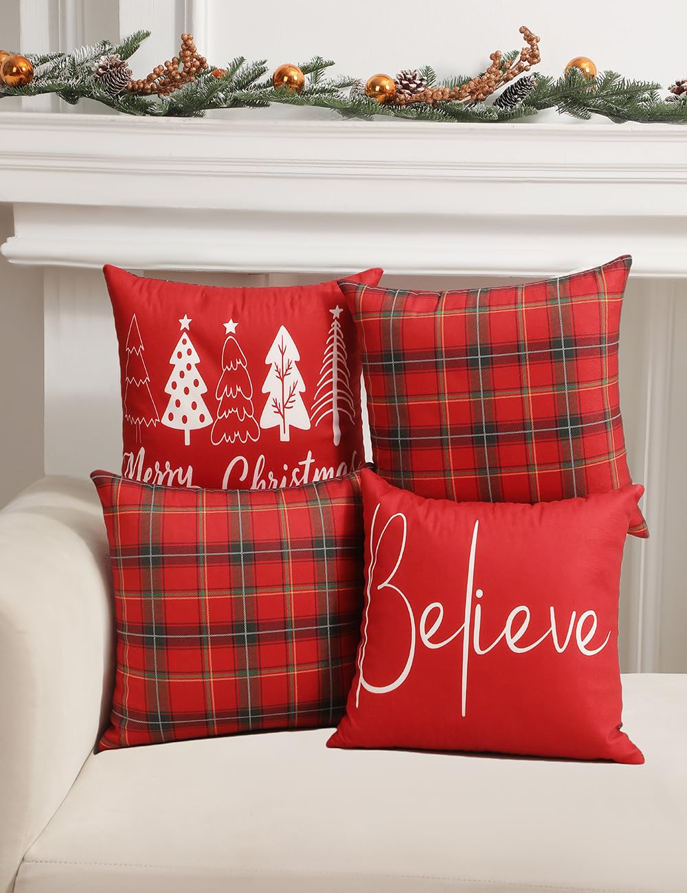 TOYPOPOR Christmas Decorations, Double Sided Plaid Throw Pillow Covers 16x16 Inches Set of 4, Christmas Tree, Snowflakes, Merry Christmas, Snowman Reindeer Winter Holiday Pillowcase for Sofa Couch