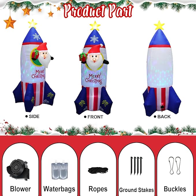 7.2 FT Inflatable Santa Ride Rocket with Gift Box Decorations, Blow Up Yard Decoration Rocket with Built-in Colorful LED Lights for Christmas Decorations