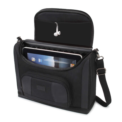 USA Gear Tablet Bag Compatible with 11 inch iPad Pro, 10.9 iPad Air, 10.2 inch Tablet - Compact Messenger Bag with Durable Exterior, Soft Adjustable Interior Fits Keyboard, Charger, more (Black)