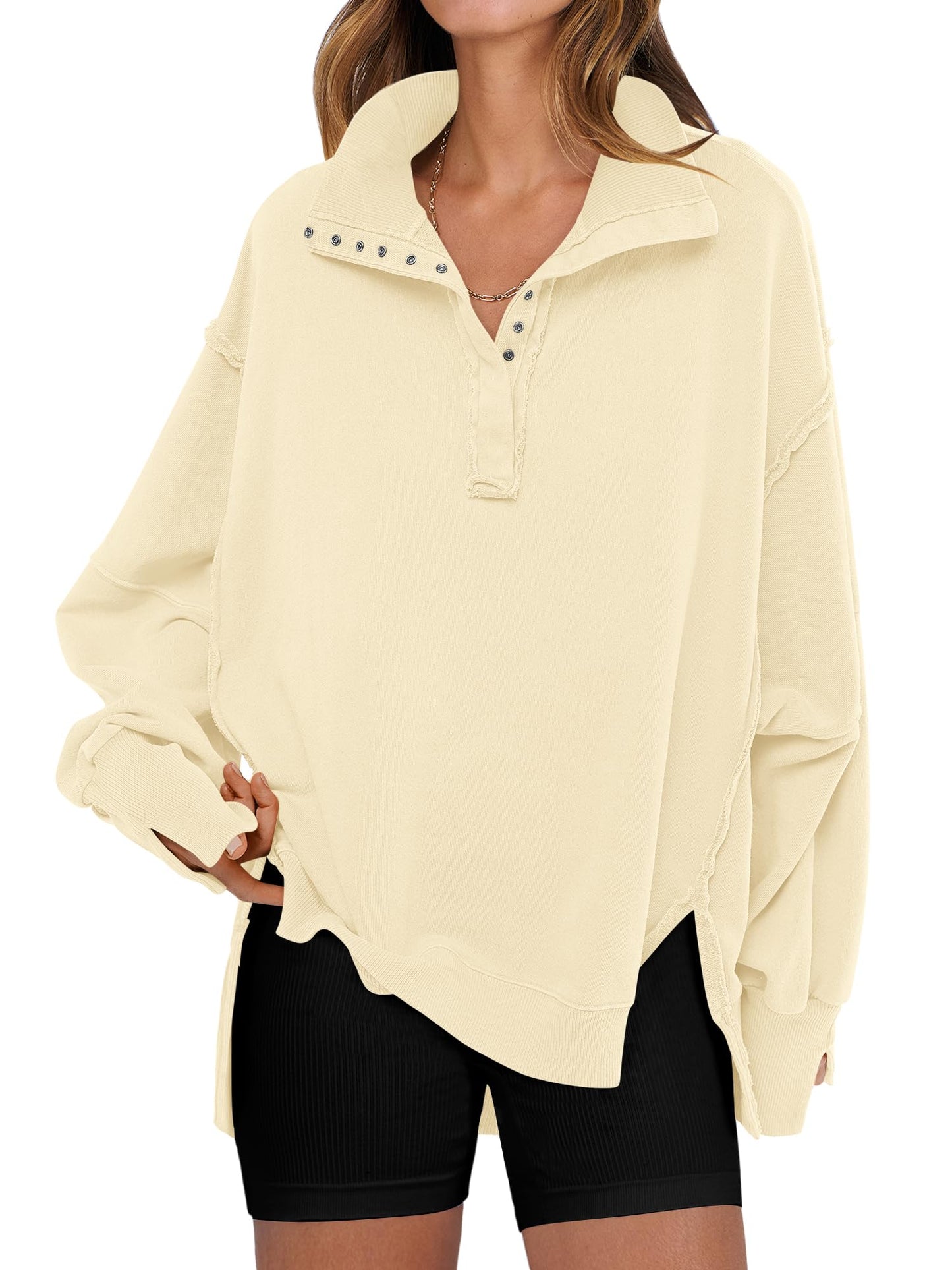 ANRABESS Women's Sweatshirts Oversized Casual Loose Button Up Henley Pullover Top High Low Split 2025 Fall Fashion Outfits