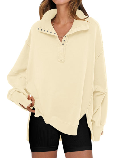 ANRABESS Women's Sweatshirts Oversized Casual Loose Button Up Henley Pullover Top High Low Split 2025 Fall Fashion Outfits