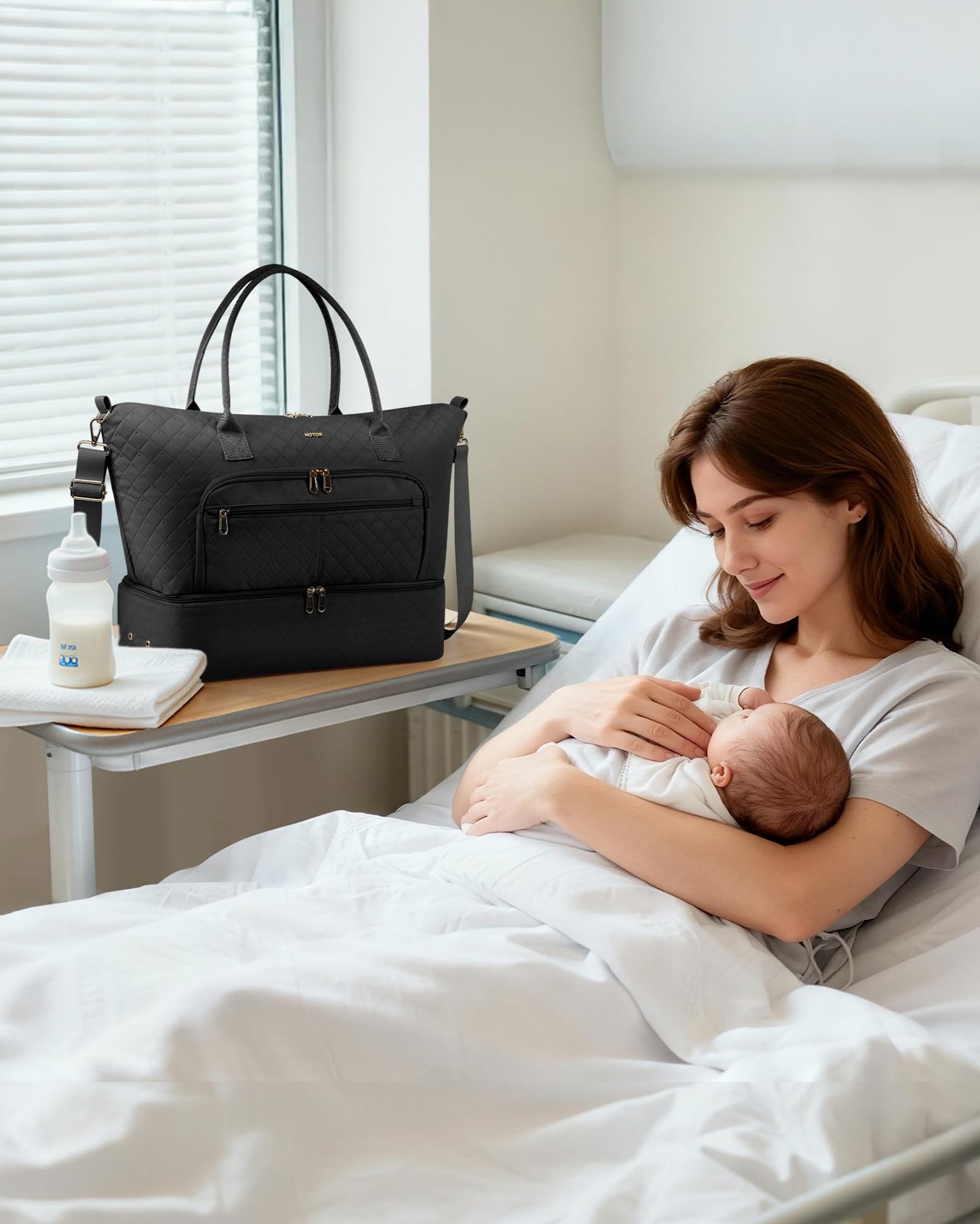 HOTOR Travel Duffle Bag for Women - Carry on Bag with Toiletry Pouch & Shoe Compartment, Large Overnight Weekender Bags for Gym, Business Trips, Sports and Hospital, Black, 17.3" x 7.9" x 13.4"