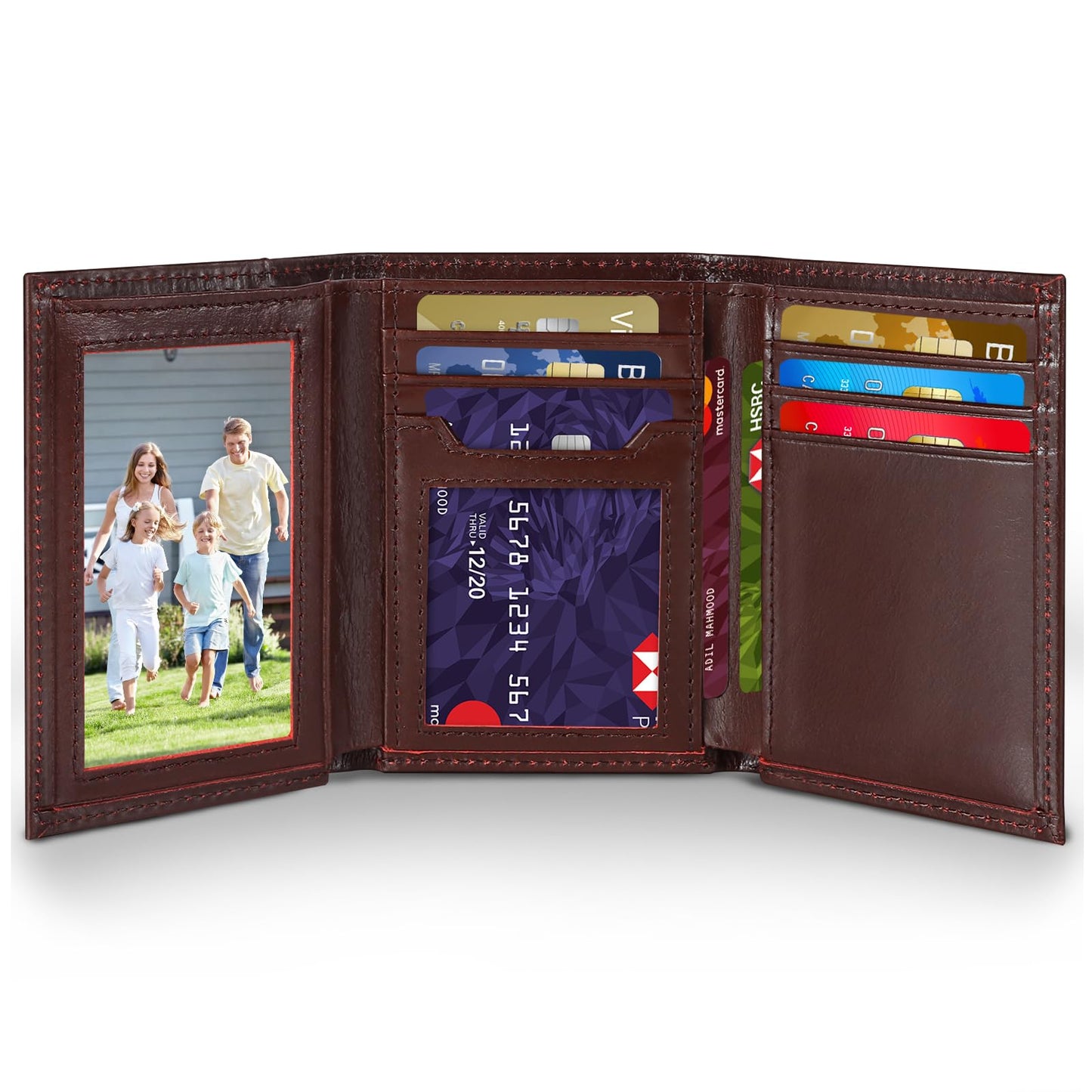 WULOUJIE Mens Trifold Leather Wallet，Genuine Leather RFID Blocking Wallets for Men，Tri Fold Wallet with 2 ID Window and 8 Card Slots（brown） (brown)