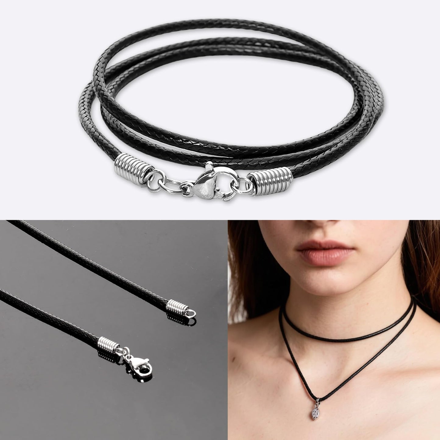 Bgfhna Black Leather Necklace Cord with Clasp Braided Wax Rope Chain for Men Women with Stainless Steel Clasp 2mm Leather Cord Necklace for Pendant