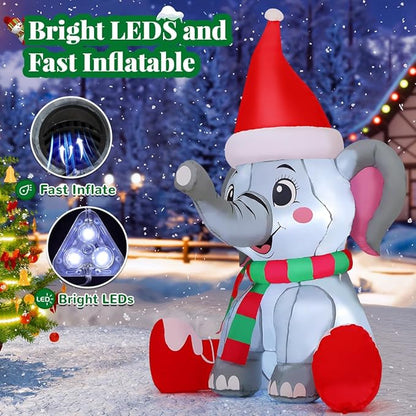 GOOSH 5 FT Christmas Inflatable Elephant Outdoor Decorations Blow Up Yard Wearing a Santa Hat with Built-in LEDs for Garden Lawn Indoor Party Decor