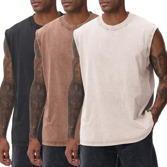 SnowElve 3 Pack Mens Workout Tank Tops Sleeveless Tee Shirts Men Muscle Shirt Gym Acid Wash T Shirts Running Beach Loose Fit Tee(ACCFBK,M)
