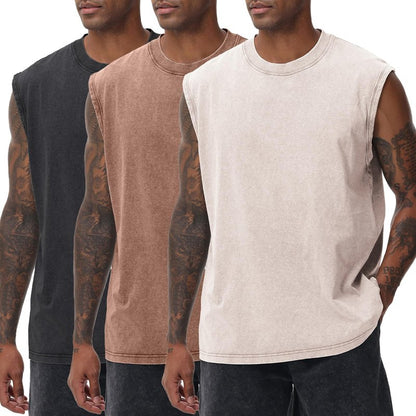 SnowElve 3 Pack Mens Workout Tank Tops Sleeveless Tee Shirts Men Muscle Shirt Gym Acid Wash T Shirts Running Beach Loose Fit Tee(ACCFBK,3XL)