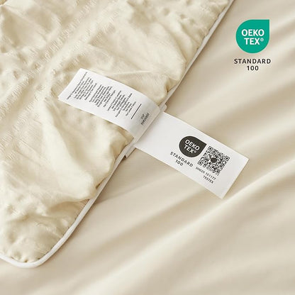 Cozy Bliss Cooling Comforter Seersucker Plaid Full, Q-Max 0.4 Reversible Lightweight Cooling Blanket, Breathable Silk Smooth Summer Bedding Quilt for Hot Sleepers Night Sweats Khaki