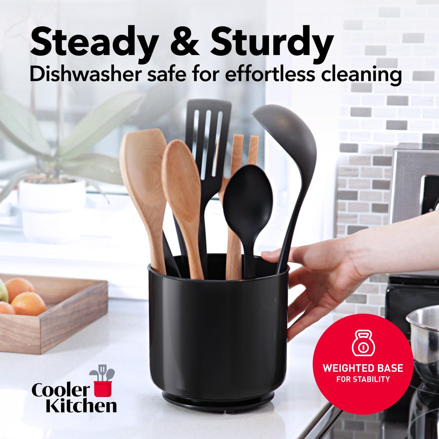 Cooler Kitchen Jumbo Extra Large Sturdy Rotating Black Utensil Holder Caddy with No-Tip Weighted Base, and Gripped Insert - Rust Proof and Dishwasher Safe Kitchen Utensils Holder