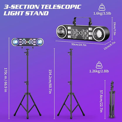 80W Dj Lights with Stand,7 in 1 Party Light Dj Disco Lights Sound Activated DMX Wireless Control with Rotating Ball,Strobe,UV,Colorful Effect for Stage KTV Band Wedding with Carry Bag (Black, 2)