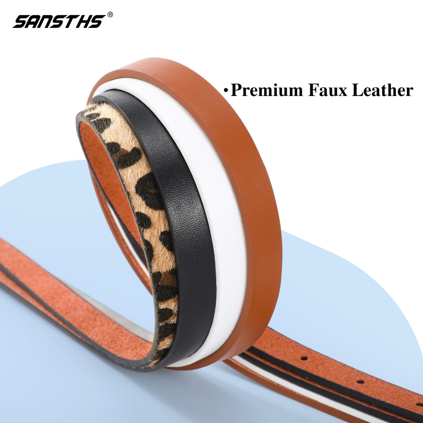 SANSTHS 4 Pack Women Thin Belts for Jeans Dresses Coats Skinny Women Belt with Gold Alloy Buckle, Black+Brown+White+Leopard M