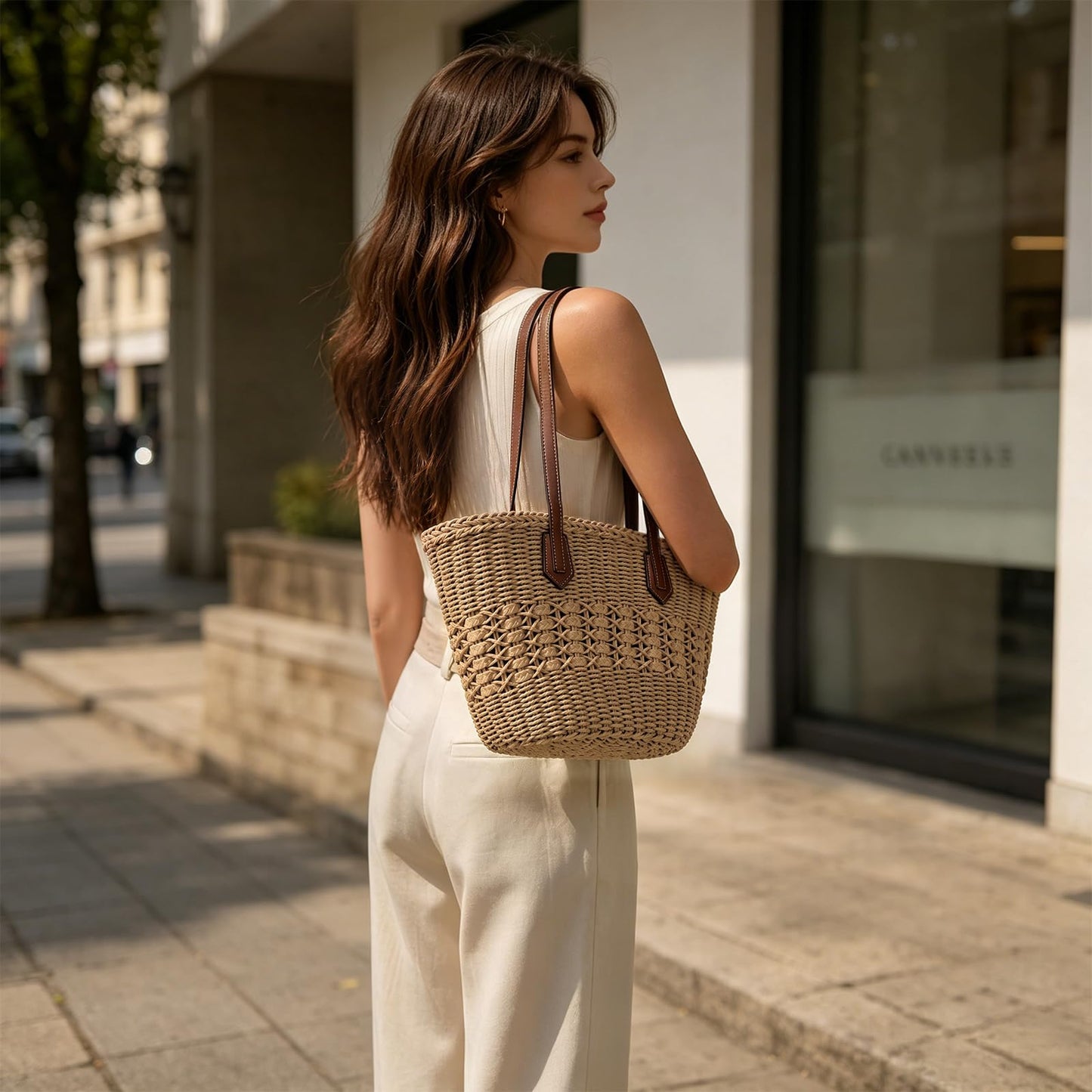 OKoriensuntek Straw Tote Bag Woven Beach Bag for Women, Large Capacity Summer Shoulder Bag with Leather Handles, Boho Handwoven Tote for Travel, Beach, Everyday Use，Brown
