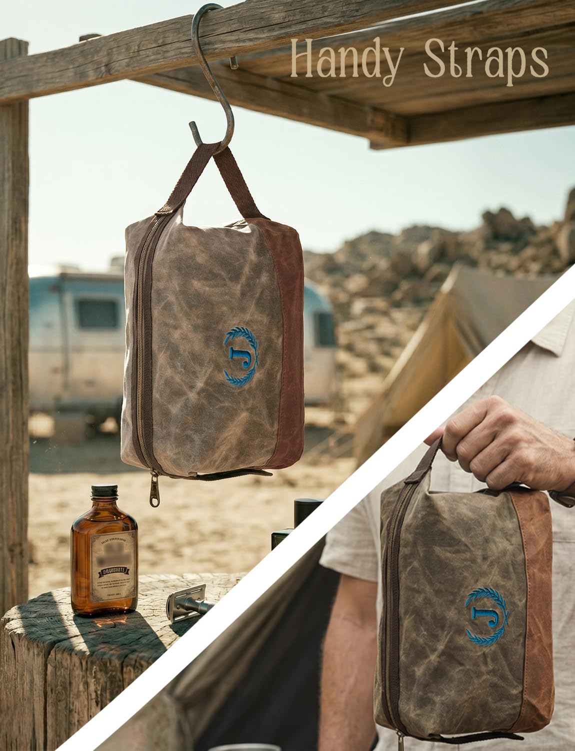 Personalized Toiletry Bag Fathers Day Birthday Gifts for Men, Large Waxed Canvas Travel Dopp Kit Monogrammed Initial Embroidery, Waterproof Shaving Case for Gym Camping Hiking Weekend Trip Letter J