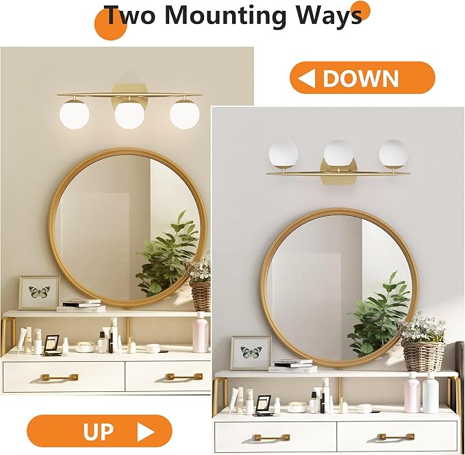 Gold Bathroom Light Fixtures, 3-Light 25.1 Inch Modern Light Fixture Bathroom with Milky White Frosted Glass Shades, Wall Sconces for Bathroom, Bedroom, Living Room(G9 Bulb not Included)