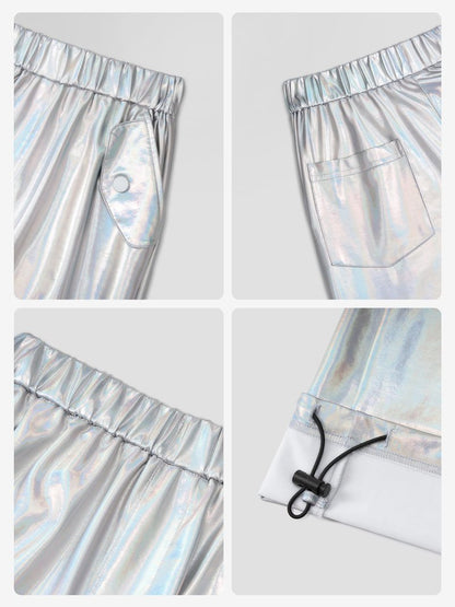 Stelle Girls Metallic Cargo Pants Shiny Hip Hop Dance Joggers Sparkly Stretchy Wide Leg Street Pants for Kids,Holograph Silver,8-9 Years