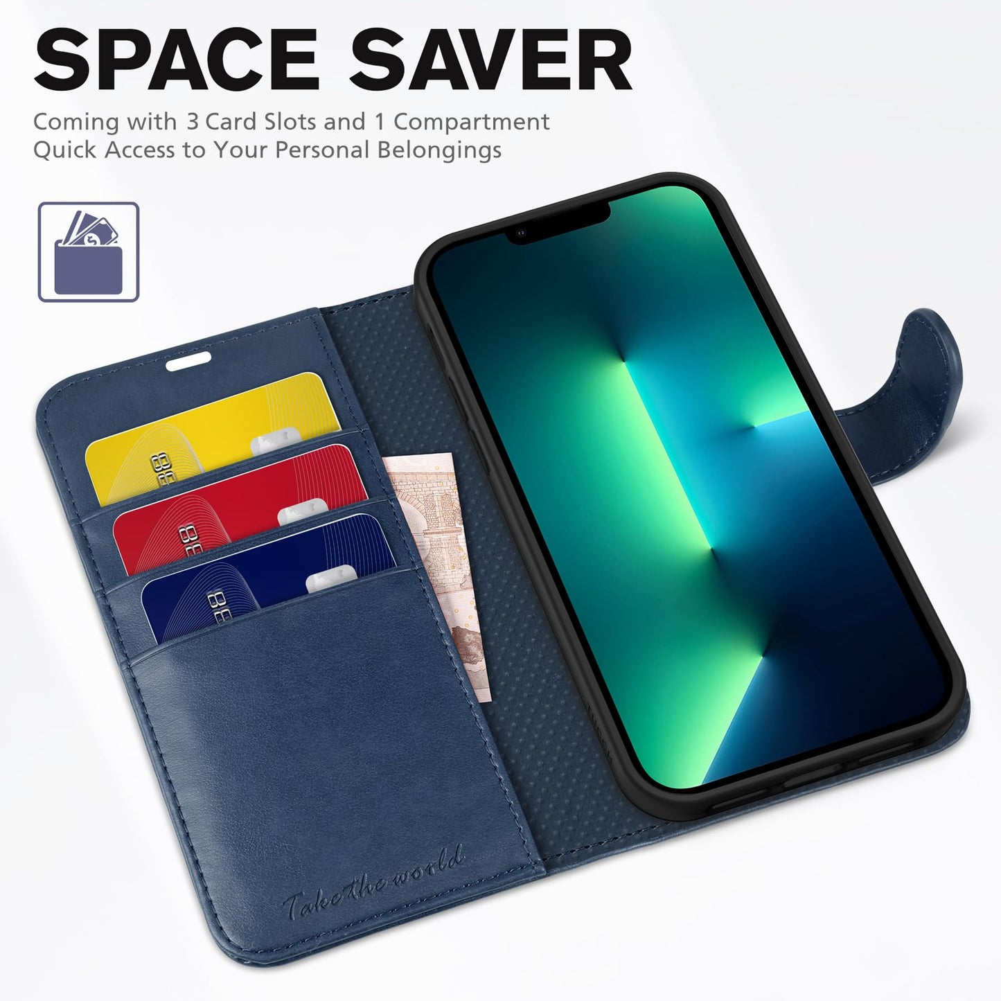 TUCCH Wallet Case for iPhone 13 Pro, [RFID Blocking] PU Leather Stand Folio Magnetic Card Slot Flip Cover with [TPU Protective Interior Case] Compatible with iPhone 13 Pro 6.1", Dark Blue