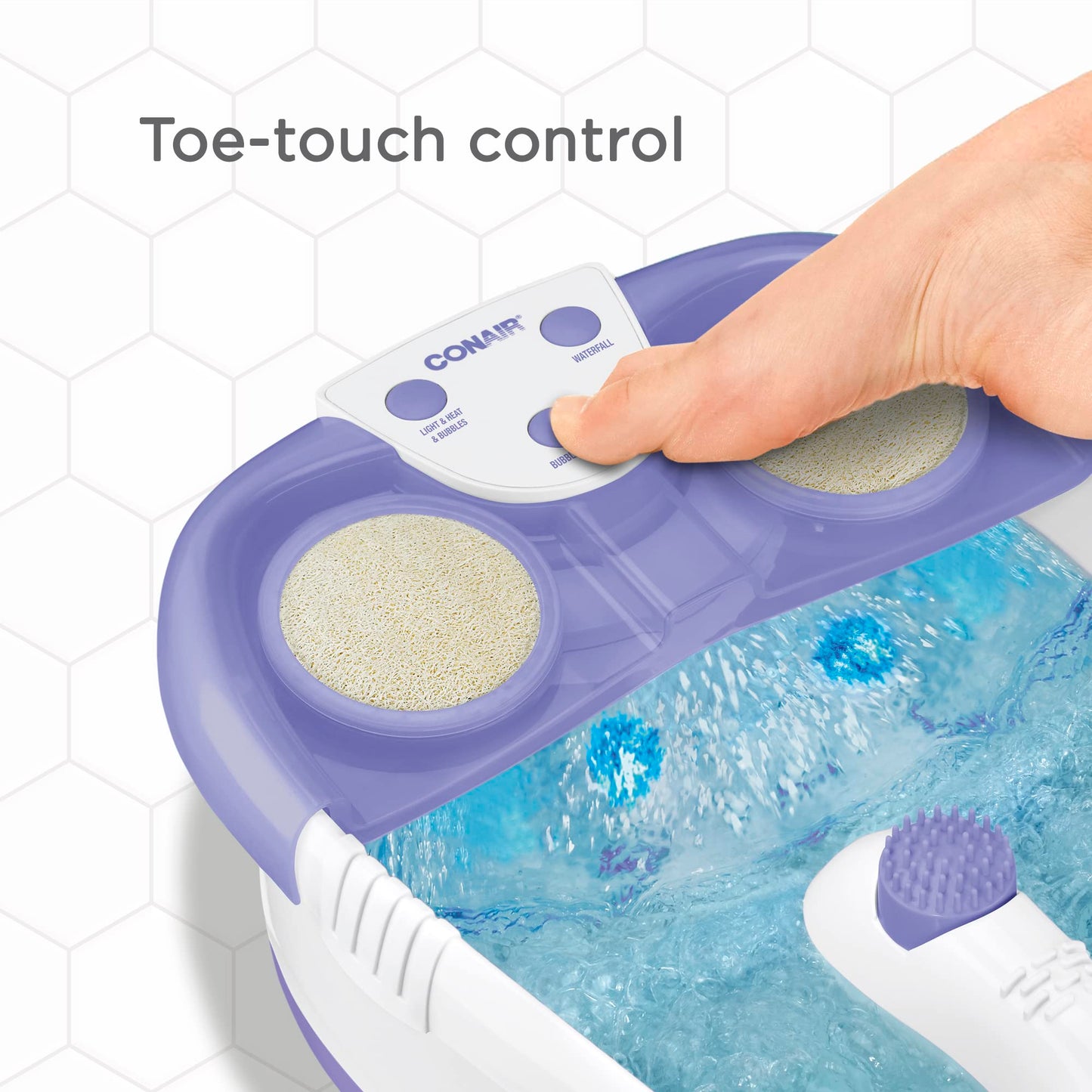 Conair Waterfall Pedicure Foot Spa Bath with Blue LED Lights, Massaging Bubbles and Massage Rollers, Blue/White