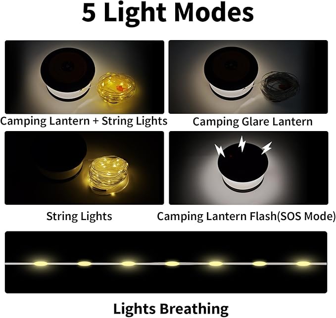 Camping String Lights, 3 in 1 Outdoor Camping Light with 6 Lighting Modes, Quick Storage 32.8FT Rechargeable Tent Lantern, Portable LED Hanging Light for Outdoor Patio Awning Garden Party