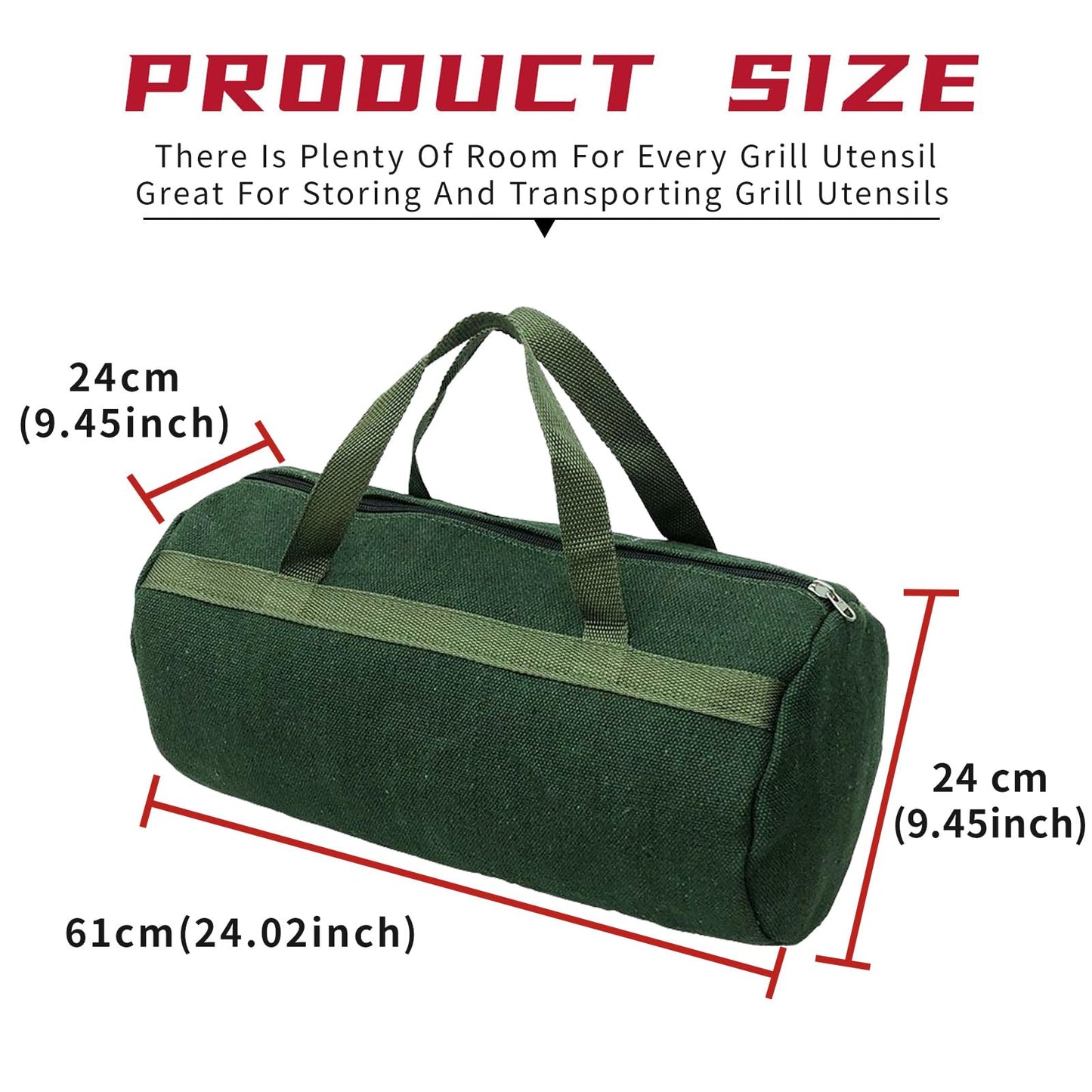 Fvbiywpil Grill Accessory Storage Bag, 24"" Extra Thick Canvas Grill Utensil Storage Bag, Double Zipper Grill Tool Storage Bag, BBQ Tool Storage Bag Carry Bag for Camping Hiking Barbecue, Dark Green
