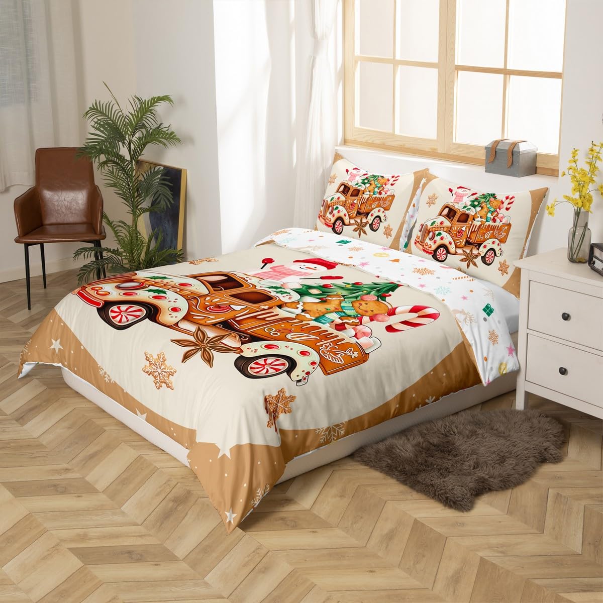 Manfei Gingerbread Truck Duvet Cover Set Queen,Xmas Snowman and Gingerbread Man Bedding Set 2 Pcs for Boys Girls,Cartoon Candy Cream Comforter Cover,Brown Christmas Theme Quilt Cover,Not Comforter
