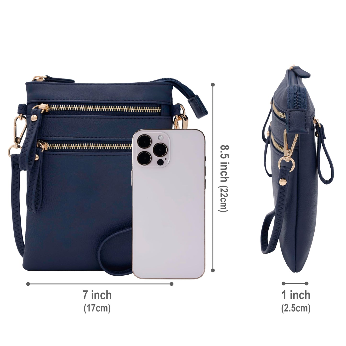 Solene Women's Faux Leather Organizer Multi Zipper Pockets Handbag With Detachable Wristlet Crossbody Bag-WU002(Navy)