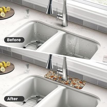 Faucet Draining Mat For Kitchen Sink, Peony Flower Blue Leaves Diatom Mud