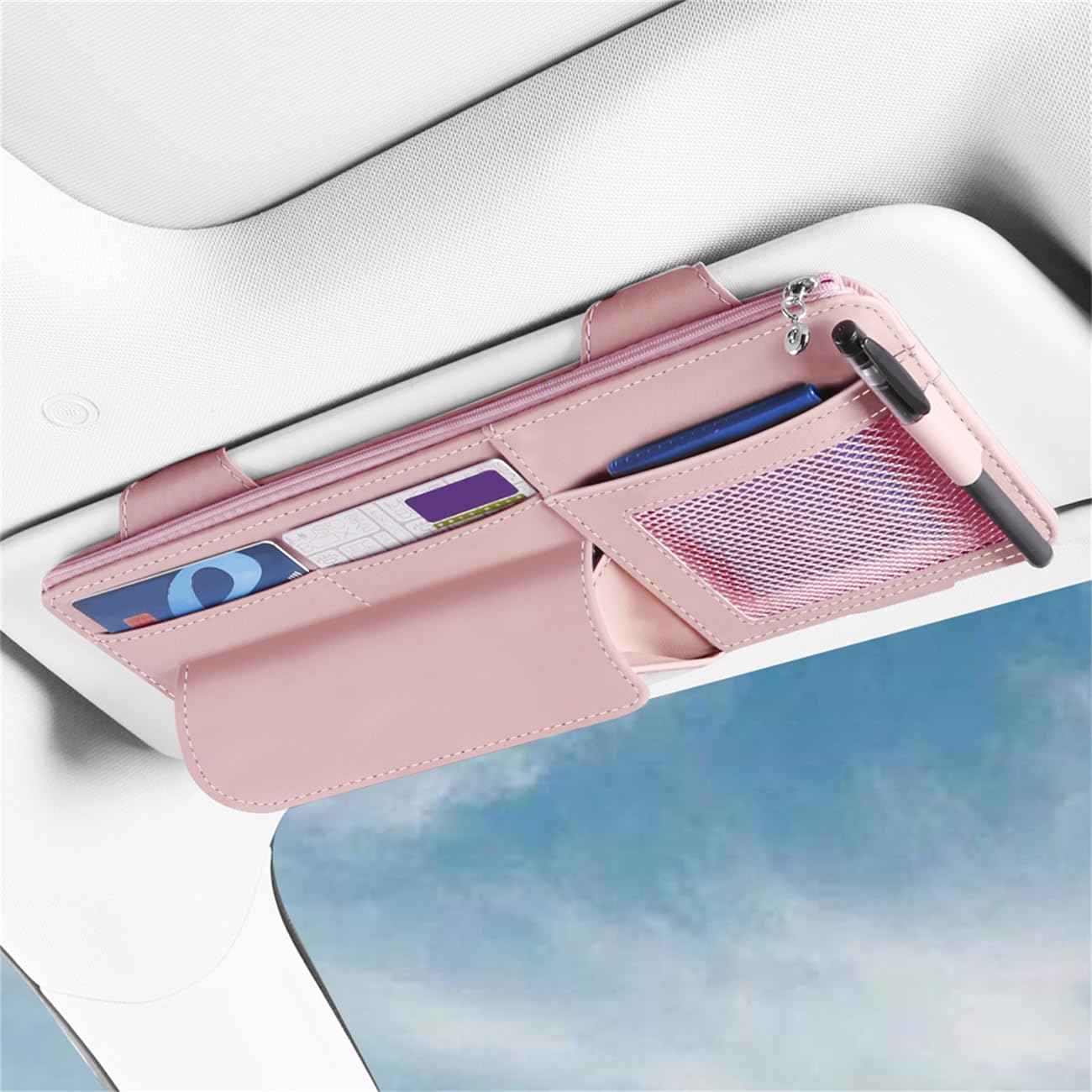 WiiLemz Car Visor Organizer, Multi-Pocket Sunvisor Storage with Sunglass Holder, Document Holder and Visor Card Clip, Fit for AUTO SUV & Truck, Leather Car Accessories Interior (Pink)