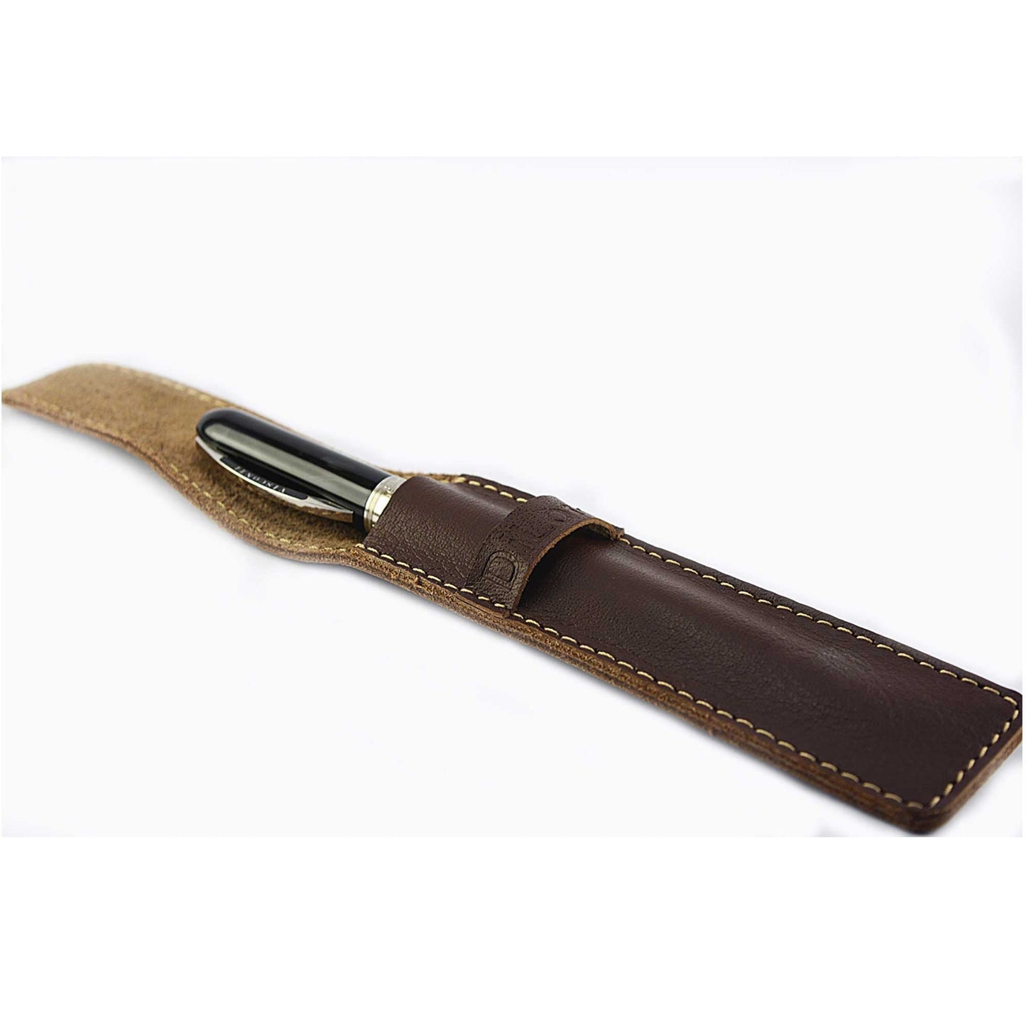 DiLoro Full Grain Thick Genuine Single Leather Pen Case Holder Pouch Pen Protector Pencil pencase (Buffalo Brown)