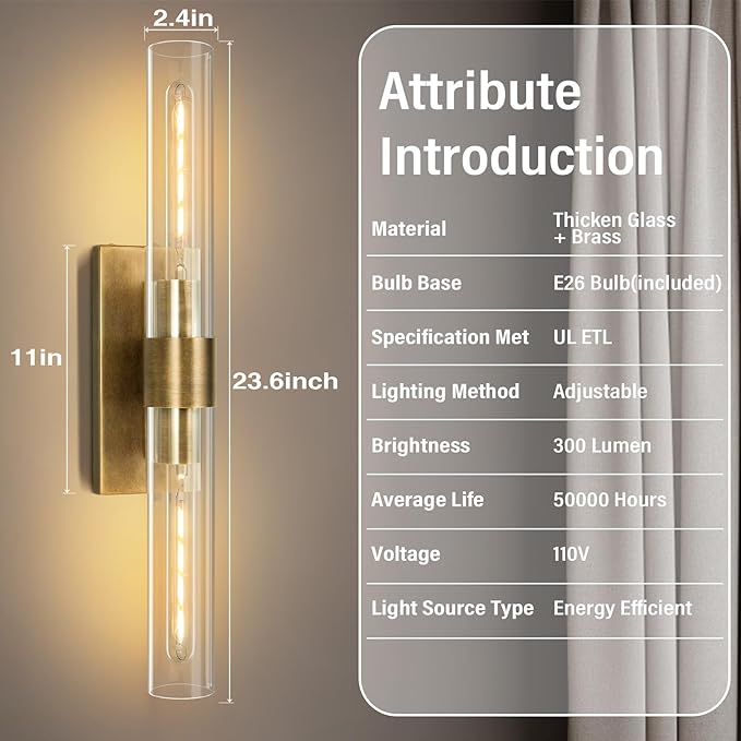 Wall Sconces Set of Two, 22.8" Gold Bathroom Sconces Wall Lighting with Clear Glass, Modern Sconces Wall Decor Brass Light Fixtures for Bathroom Mirror Living Room Hallway Bedroom