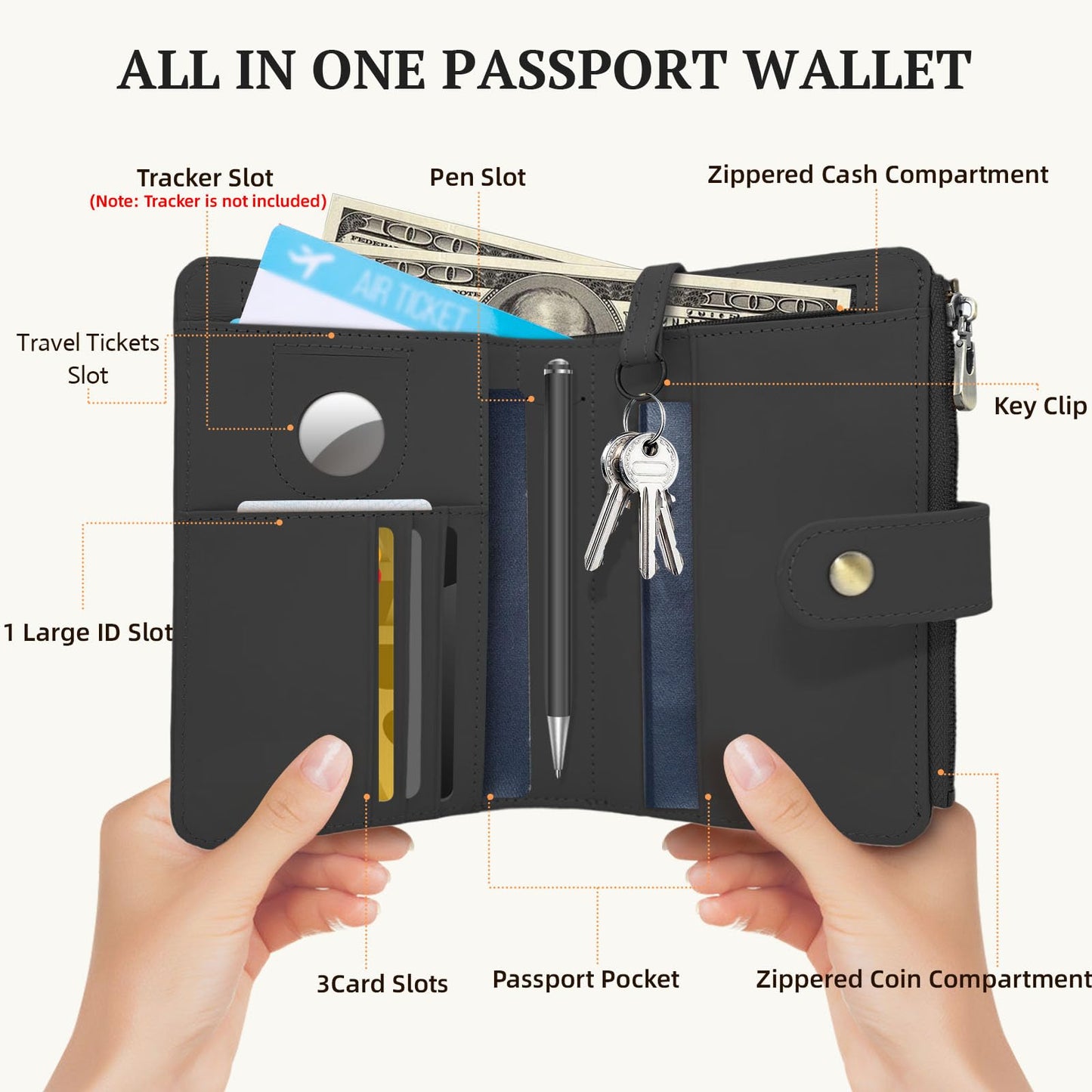 Genuine Leather Passport Wallet, RFID Blocking Passport Holder with Tracker Slot, All in One Travel Wallet for Women/Men, Secure Passport Cover Case for Airport Essentials (Black)