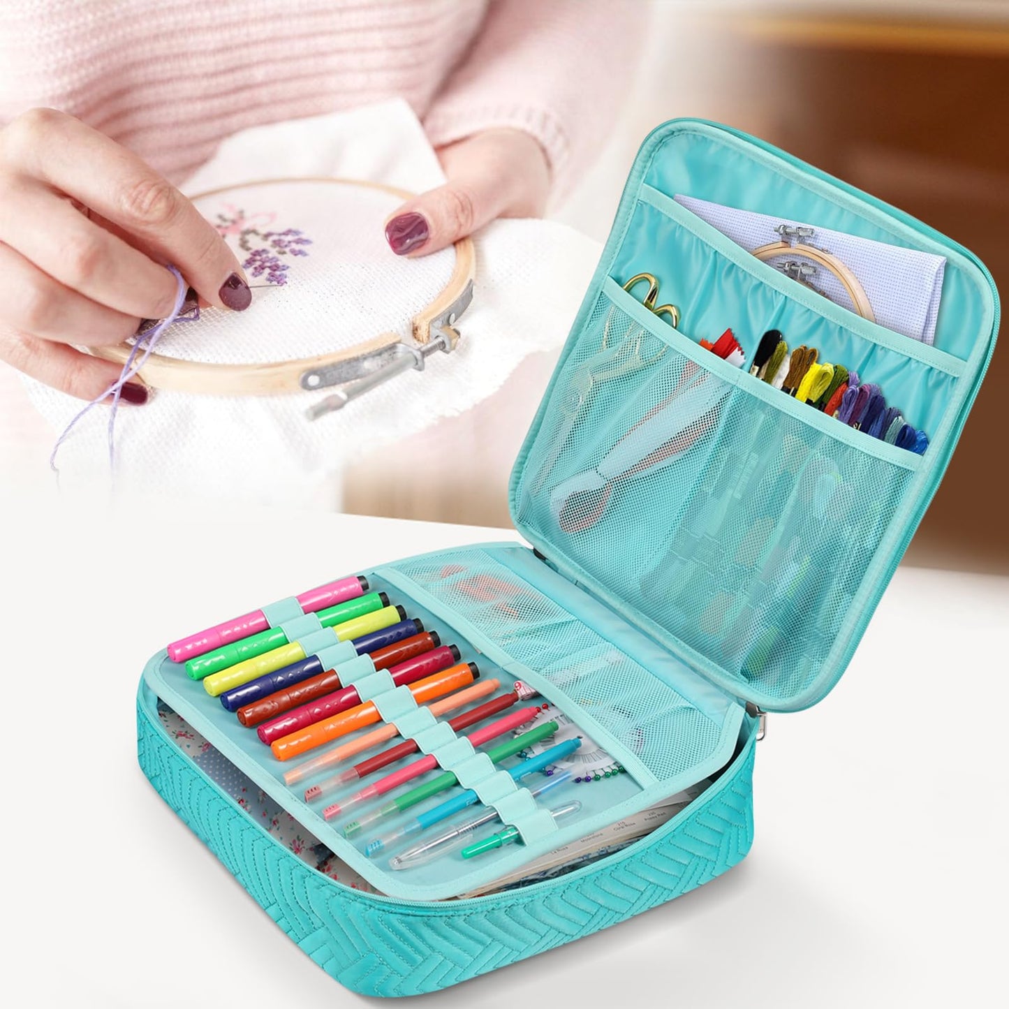 FINPAC Embroidery Bag, Cross Stitch Storage, Square Quilted Tote Organizer with Multiple Pockets for Floss, Hoops, Thread, Stitch Tools Kit [Bag Only], Teal