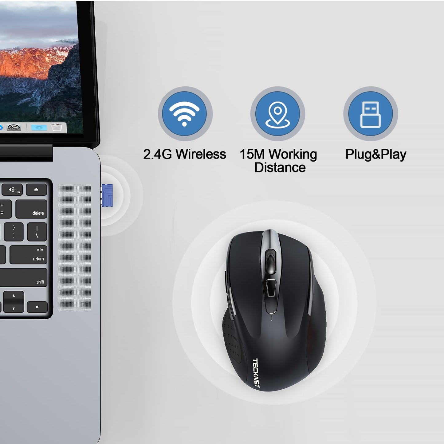 TECKNET Wireless Mouse Rechargeable, 2.4G USB-A Silent Mouse, Quiet Click, 6 Adjustable 4800 DPI, Cordless Computer Mice, Ergonomic Mice for Laptop, 6 Buttons for Chromebook, Ergo Grip - Black