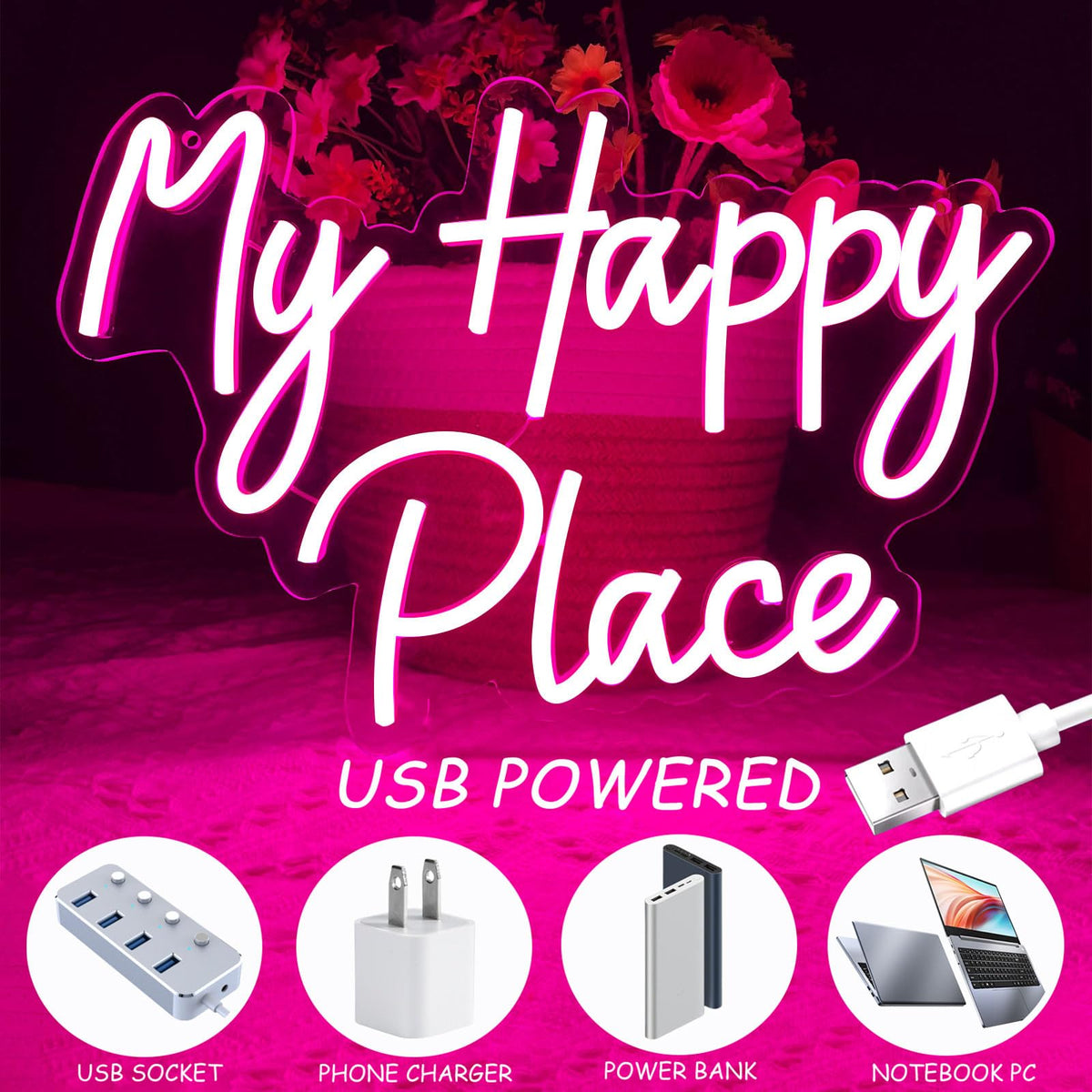 My Happy Place Neon Sign, Dimmable Pink LED Neon Light for Wall Decor, USB Powered My Happy Place Signs, Words Neon Lights for Girls Bedroom Birthday Party Wedding Christmas Halloween Aesthetic