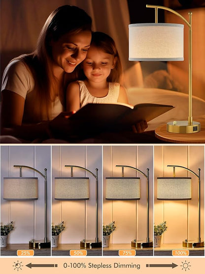 Table Lamp for Living Room Bedroom, 23.5" Table Lamps Set of 2 with USB C+A Ports, Bedside Lamps for Nightstand with Linen Lamp Shades, 2 Dimmable LED Bulbs Included, Gold
