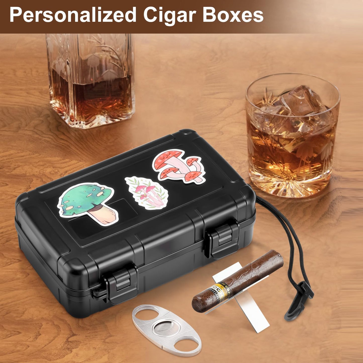 Kyrgyzst Travel Cigar Case Holds 10 Cigars, Portable Cigar Humidor includes Cigar Cutter, Humidifier, Hygrometer - Cigar Accessories Set for Men (Black)