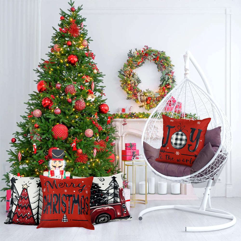 DIYDEC 4pcs Christmas Pillow Covers 18x18 Inch Red Pillow Covers Xmas Decorations Buffalo Tree Truck Merry Christmas Pillows Winter Holiday Farmhouse Seasonal Throw Case Decor for Sofa Couch