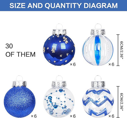 SY Super Bang 30PCS Blue Christmas Ornaments Set, 60MM/2.36" Clear Plastic Shatterproof Ball Ornaments for Christmas Tree Hanging Decorations, for Home Holiday Party Xmas Decor.