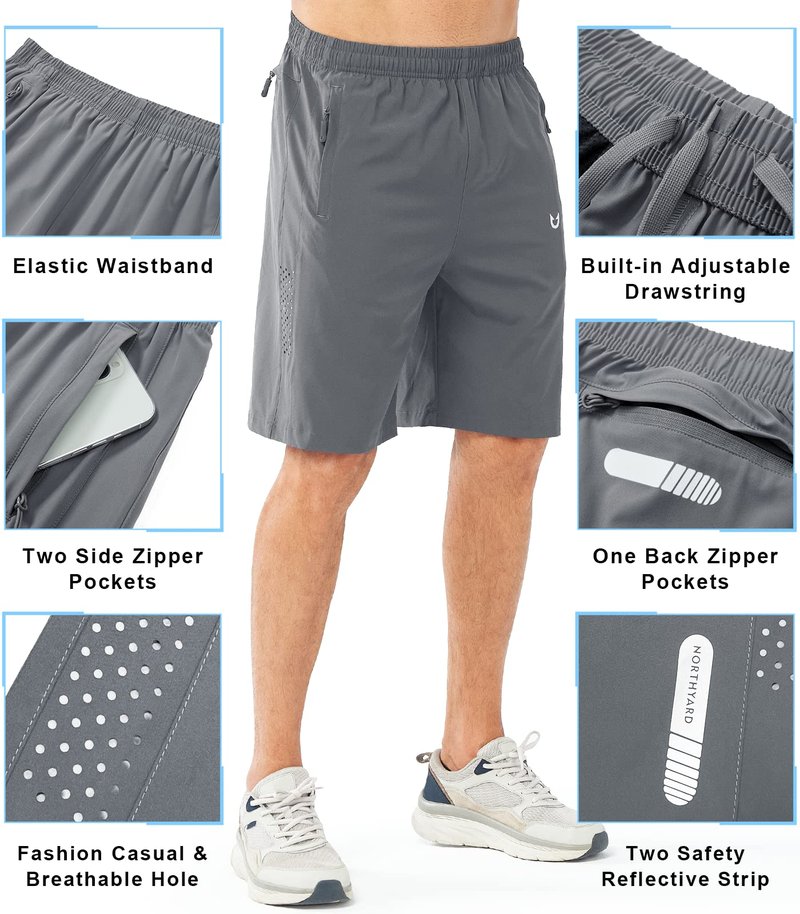 NORTHYARD Men's Athletic Running Shorts Gym Workout 7"/9"/5" Quick Dry Lightweight Sports Basketball Tennis 3 Zipper Pockets SMOKEGREY-9inch XL