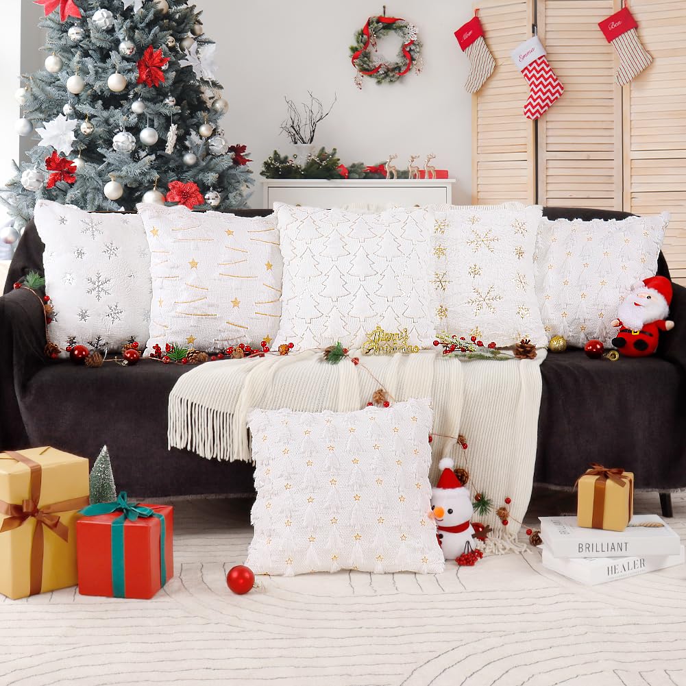 Homithley Christmas Pillow Covers Set of 2 Winter Snowflakes Decorative Throw Pillowcases Christmas Gold Sequin Plush Pillow Covers for Sofa Cushion Bedroom Party Décor (Gold, 18”×18”)