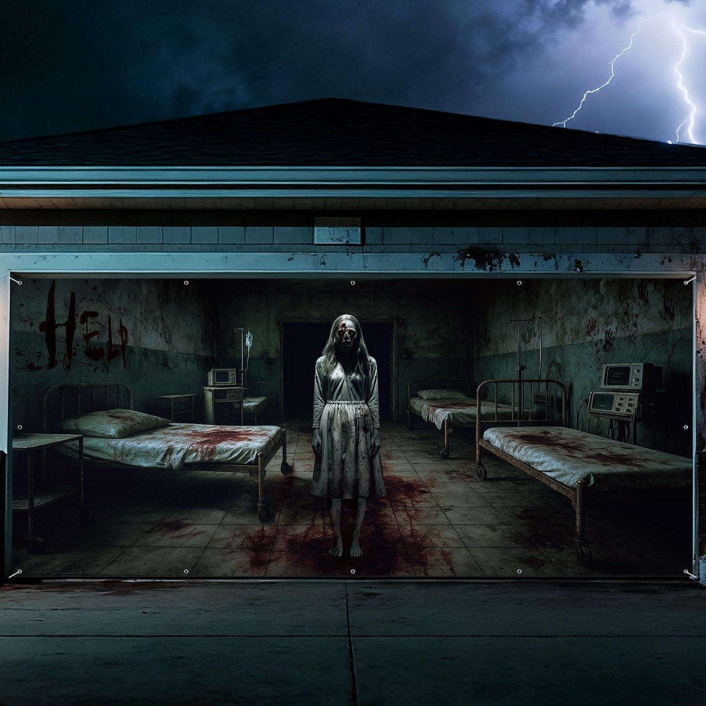 Blosssound 1 PCS Halloween Ghosts Garage Door Cover - 7 x 16 ft Hospital Haunted Buildings Zombies Backdrop Hanging Decorations for Halloween Photo Outdoor Home Party Booth