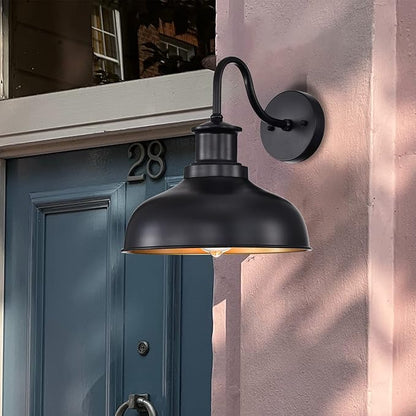 Outdoor Gooseneck Barn Lights, Farmhouse Outdoor Wall Sconces, Rustic Exterior Wall Mount Lights, Vintage Outside Lighting Fixtures, Industrial Black Gold Lanterns for Porch Garage Patio, 2 Pack