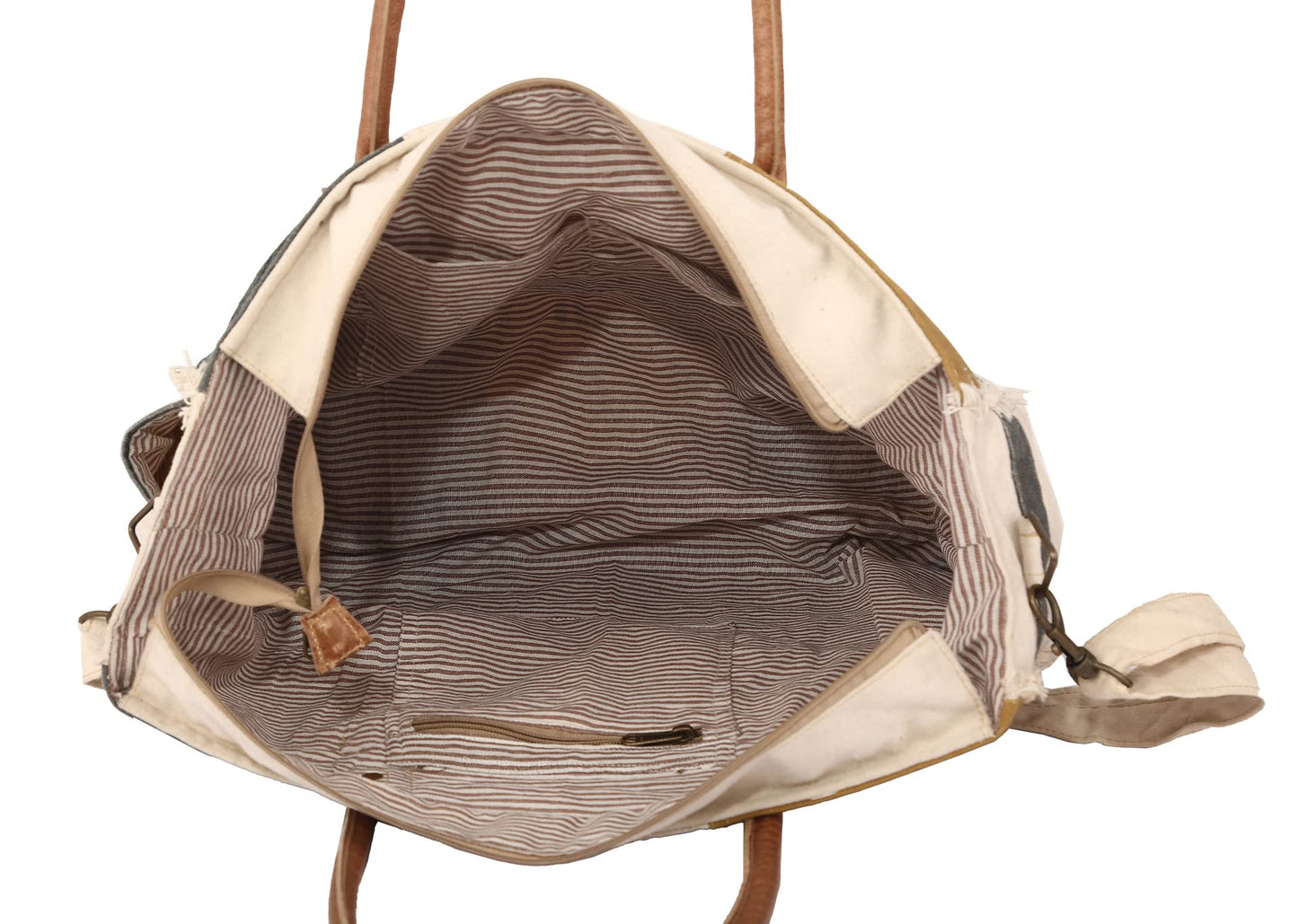 Sel De Mer Upcycled Canvas and leather Hand Bag Cowhide Tote Bag shopping bag carry on leather bag (White)