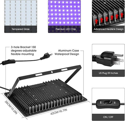 600W 2 Pack LED Black Light,395nm to 405nm LED UV Blacklight, IP66 Waterproof Black Flood Light Outdoor with Plug and SwitchNeon Glow for Glow Party, Halloween, Fluorescent Poster, Body Paint