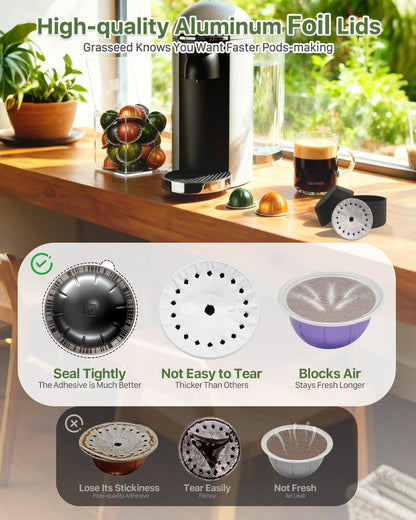Grasseed Reusable VertuoLine Capsule Kit for Nespresso Pods with 100Pcs Aluminum Foil Seals Lids, Refillable Coffee Pods for VertuoLine to Refill Pods