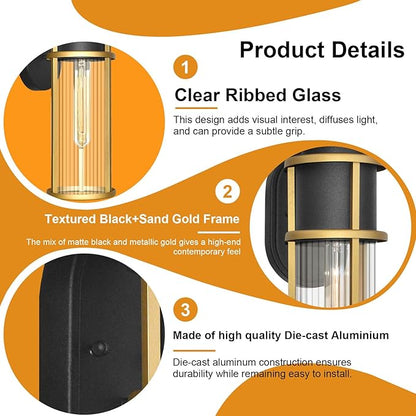 ALVIME 2 Pack Outdoor Wall Lights, Waterproof Exterior Lighting Fixtures, Sand Gold Anti-Rust Exterior Sconce Light for Front Door, Porch, Patio, Garage, Indoor, Bed Room, Clear Ribbed Glass, E26 Base