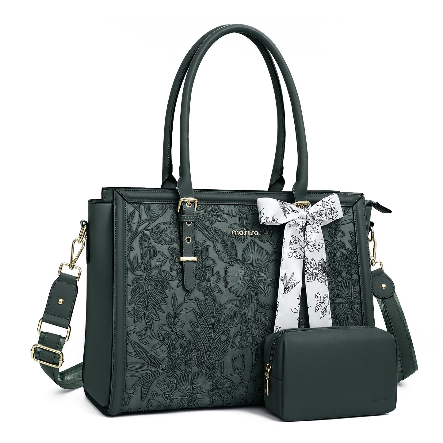 MOSISO Laptop Bag for Women, 15.6-16 inch PU Leather Tote Bag Compatible with MacBook, HP, Dell, Asus Notebook, Front Embossed Retro Hibiscus Computer Bags with Silk Scarf&Clutch Purse, Emerald Green