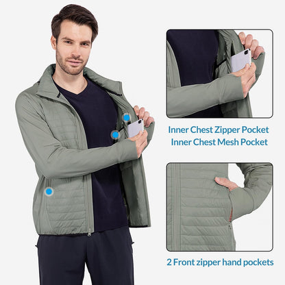 baleaf Men's Running Jacket Lightweight Warm Up Puffer Jacket Hybrid Thermal Hiking Golf Insulated Coat Thumble Hole Olive XL