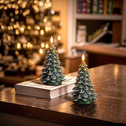 Homemory Christmas Tree Candles with 6 Hours Timer, 2 Pcs Waxy LED Flameless Candles Flickering, Green Electric Candles Battery Operated for New Year Celebration Holiday Decorations 8.5 Inches