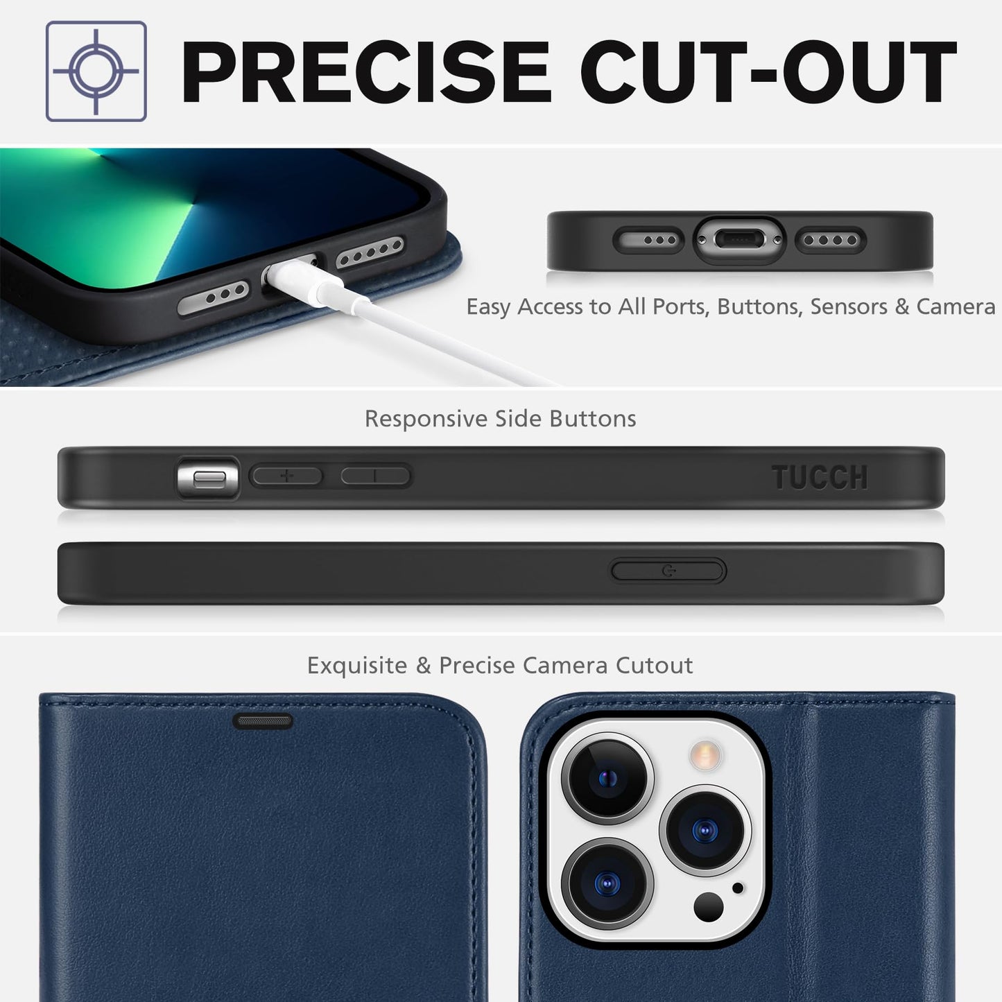 TUCCH Wallet Case for iPhone 13 Pro, [RFID Blocking] PU Leather Stand Folio Magnetic Card Slot Flip Cover with [TPU Protective Interior Case] Compatible with iPhone 13 Pro 6.1", Dark Blue