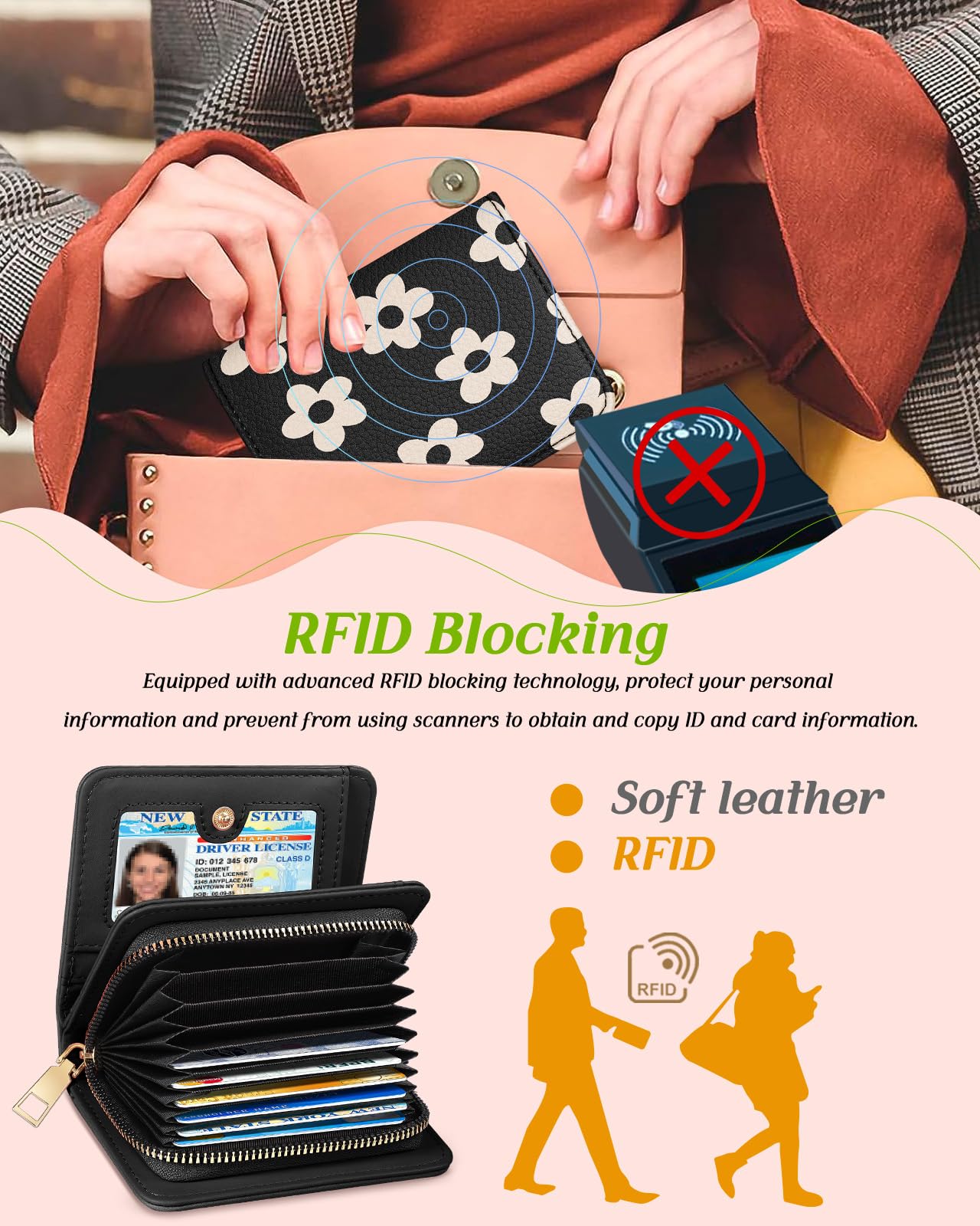 Bistup Credit Card Holder Wallet for Women - Cute Leather Ladies Teen Girls Female Cardholder Wallets Accordion Purse Small Medium Aesthetic Print Black Flower Unique Modern Rfid Zipper Around